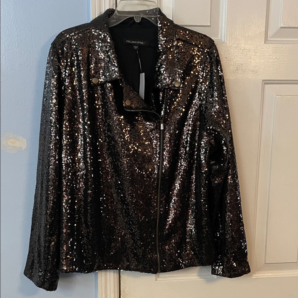 Colleen Lopez Black Sequin Bomber Jacket